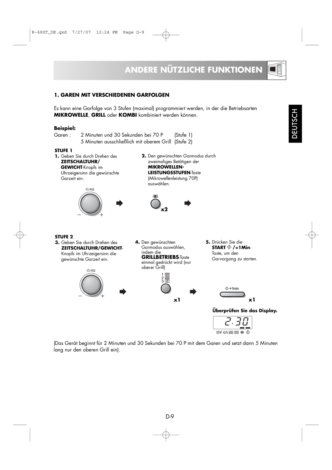 Sharp R-68ST Andere Nützliche Funktionen, Garen MIT Verschiedenen Garfolgen, Garen Minuten und 30 Sekunden bei 70 P Stufe 