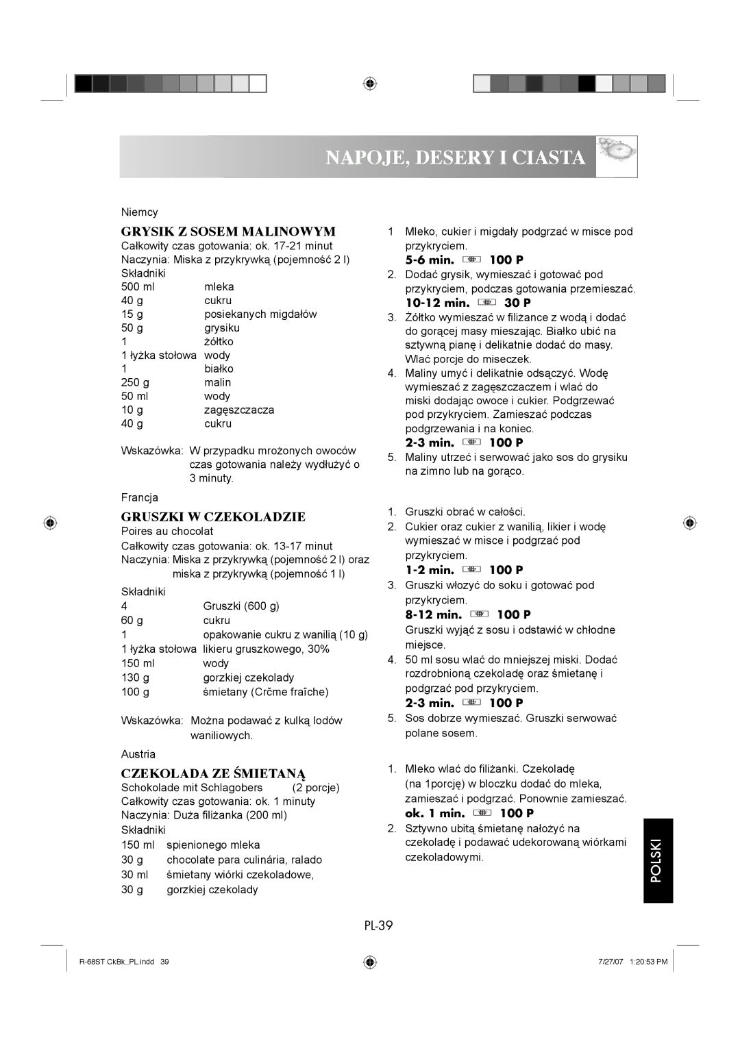 Sharp R-68ST manual Grysik Z Sosem Malinowym, Gruszki W Czekoladzie, Czekolada ZE Śmietaną 