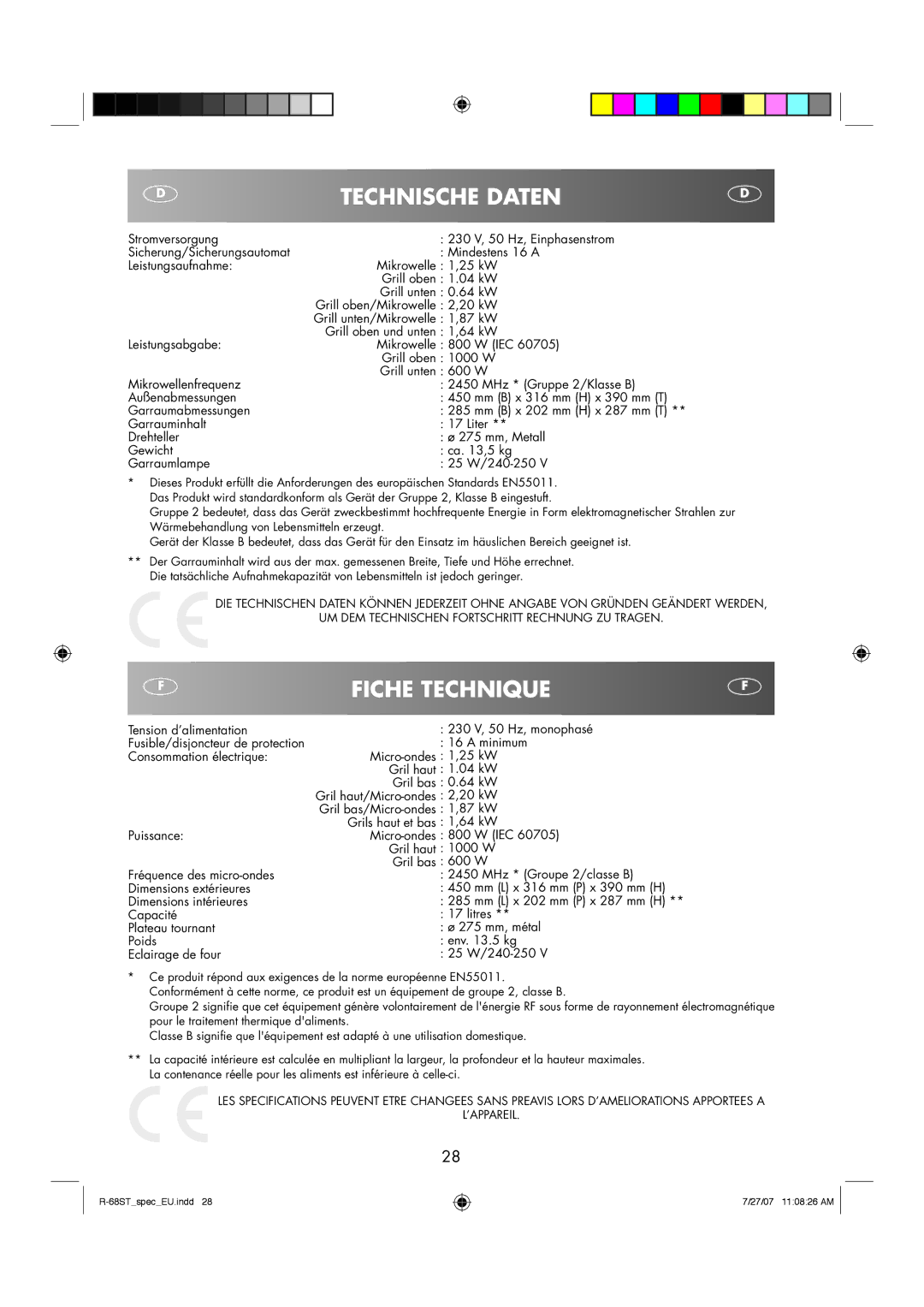 Sharp R-68ST manual Technische Daten, Fiche Technique 