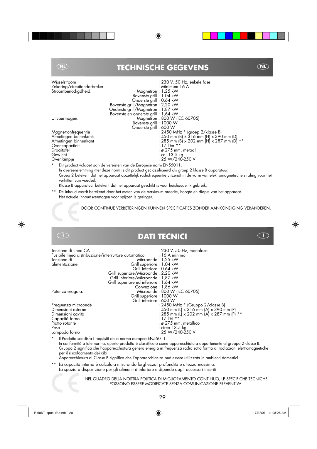 Sharp R-68ST manual Technische Gegevens 