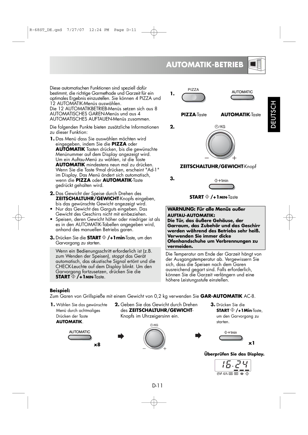 Sharp R-68ST manual Automatik-Betrieb, PIZZA-TasteAUTOMATIK-Taste ZEITSCHALTUHR/GEWICHT-Knopf, Des ZEITSCHALTUHR/GEWICHT 