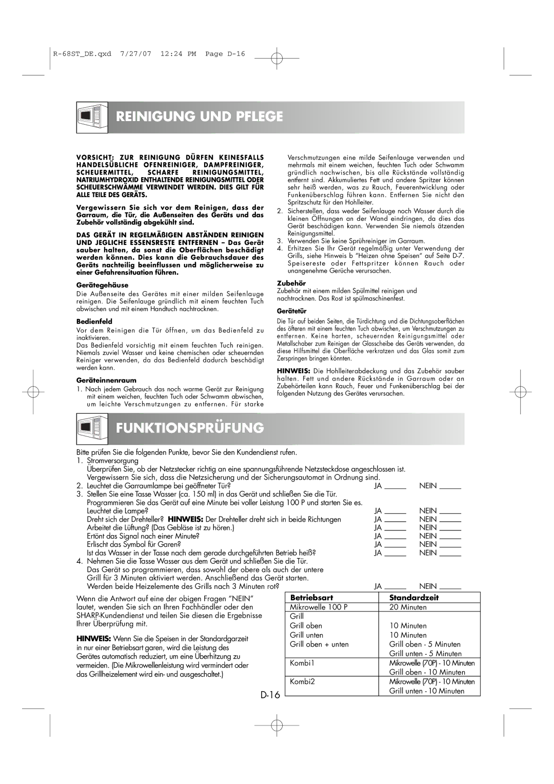 Sharp R-68ST manual Reinigung UND Pflege, Funktionsprüfung, Betriebsart Standardzeit 