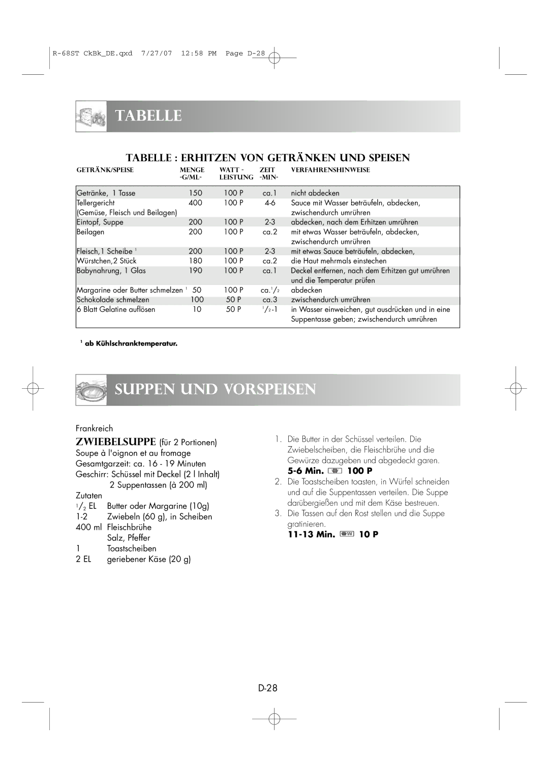 Sharp R-68ST manual Suppen UND Vorspeisen, Tabelle Erhitzen VON Getränken UND Speisen, Min P 