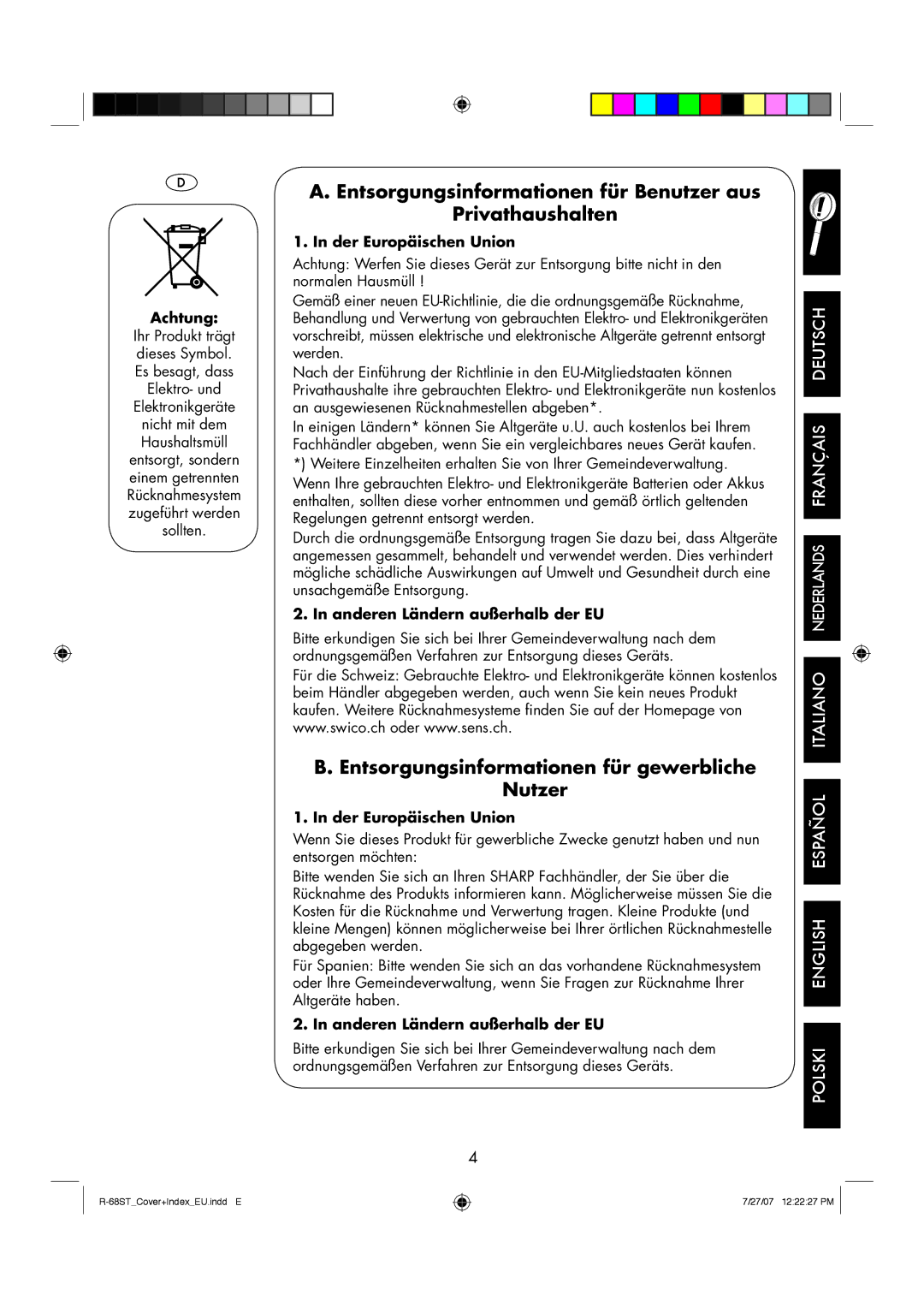 Sharp R-68ST manual Entsorgungsinformationen für Benutzer aus Privathaushalten 