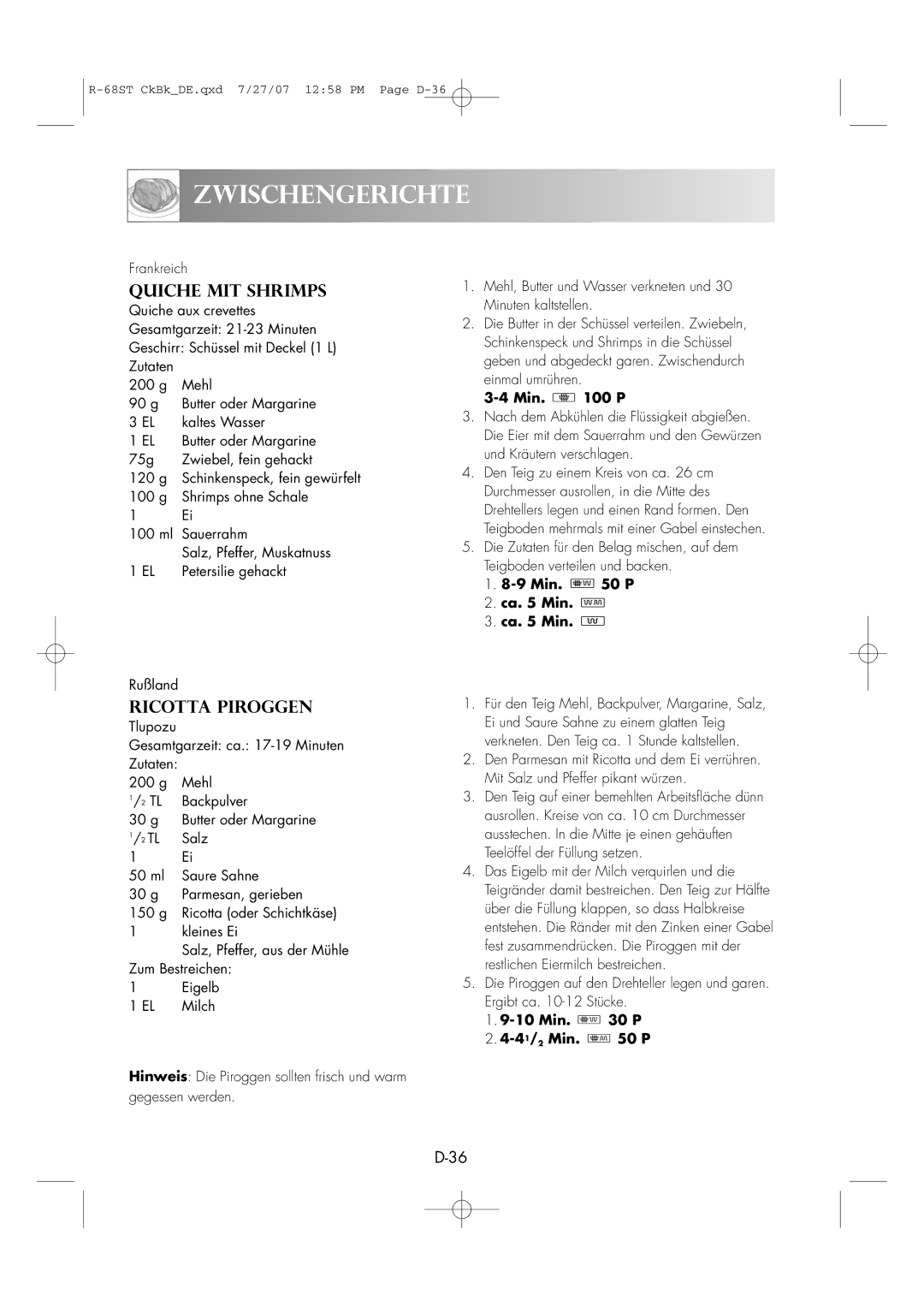 Sharp R-68ST manual Quiche MIT Shrimps, Ricotta Piroggen, Zum Bestreichen, Min P Ca Min, Min P 41/2Min P 