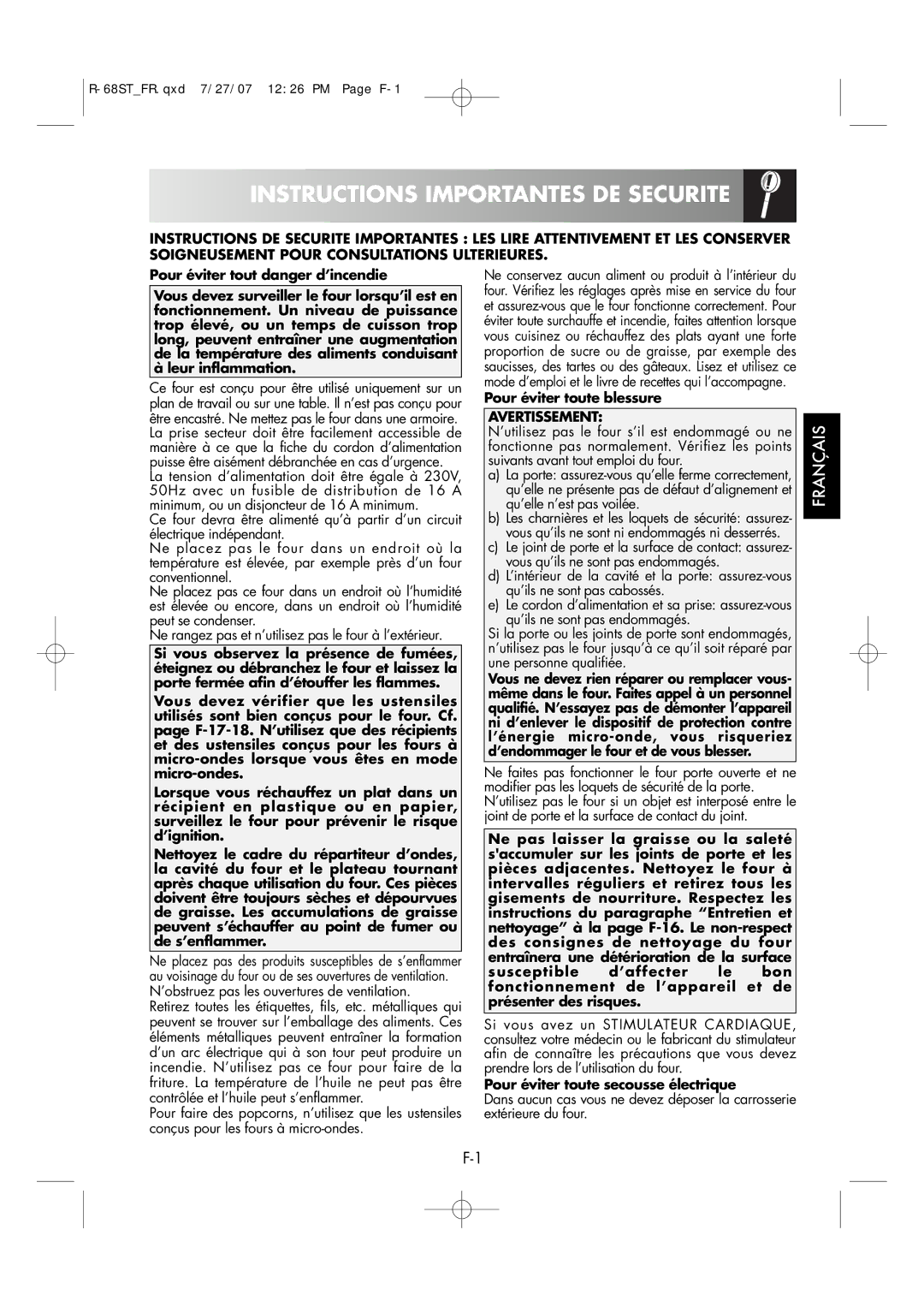 Sharp R-68ST manual Instructions Importantes DE Securite, Pour éviter toute blessure, Pour éviter toute secousse électrique 