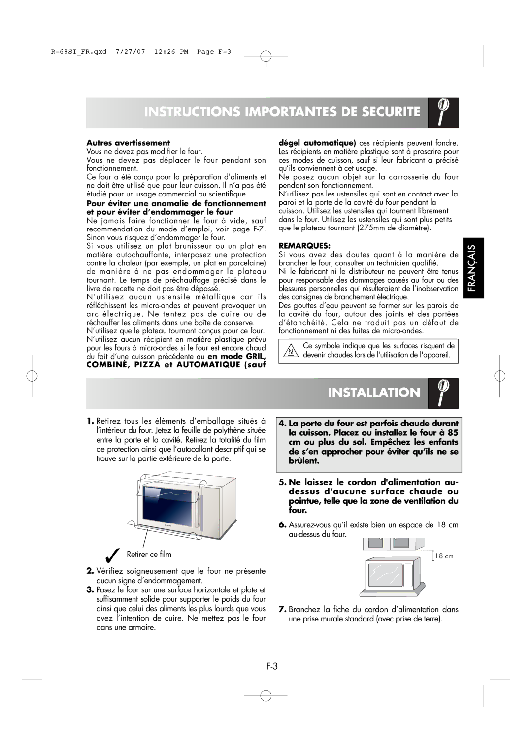 Sharp R-68ST manual Installation, Autres avertissement, COMBINÉ, Pizza et Automatique sauf, Remarques 