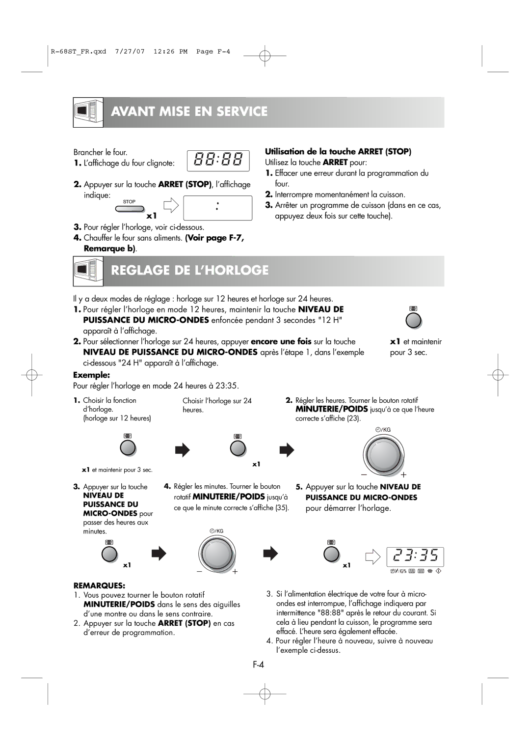 Sharp R-68ST manual Avant Mise EN Service, Reglage DE L’HORLOGE 