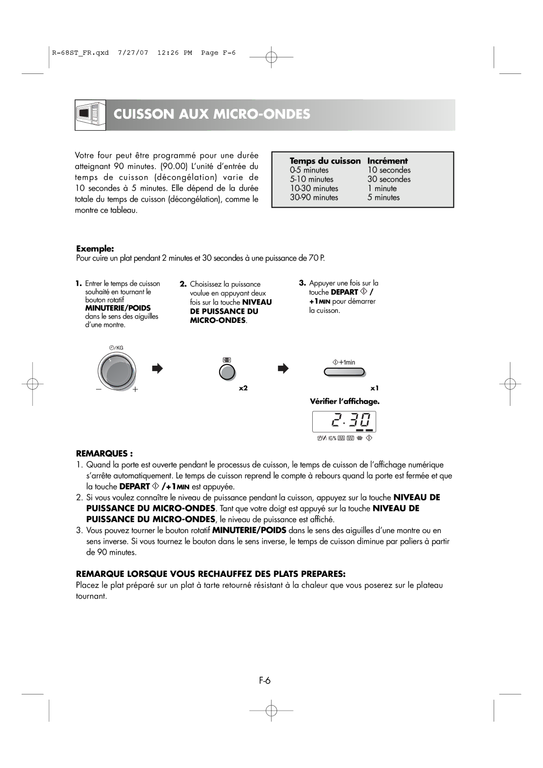 Sharp R-68ST manual Cuisson AUX MICRO-ONDES, Temps du cuisson Incrément, Minutes Secondes, Remarques 