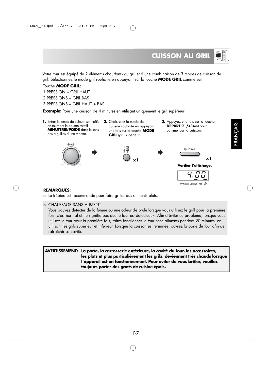 Sharp R-68ST manual Cuisson AU Gril, Depart /+1MIN pour, MINUTERIE/POIDS dans le sens 