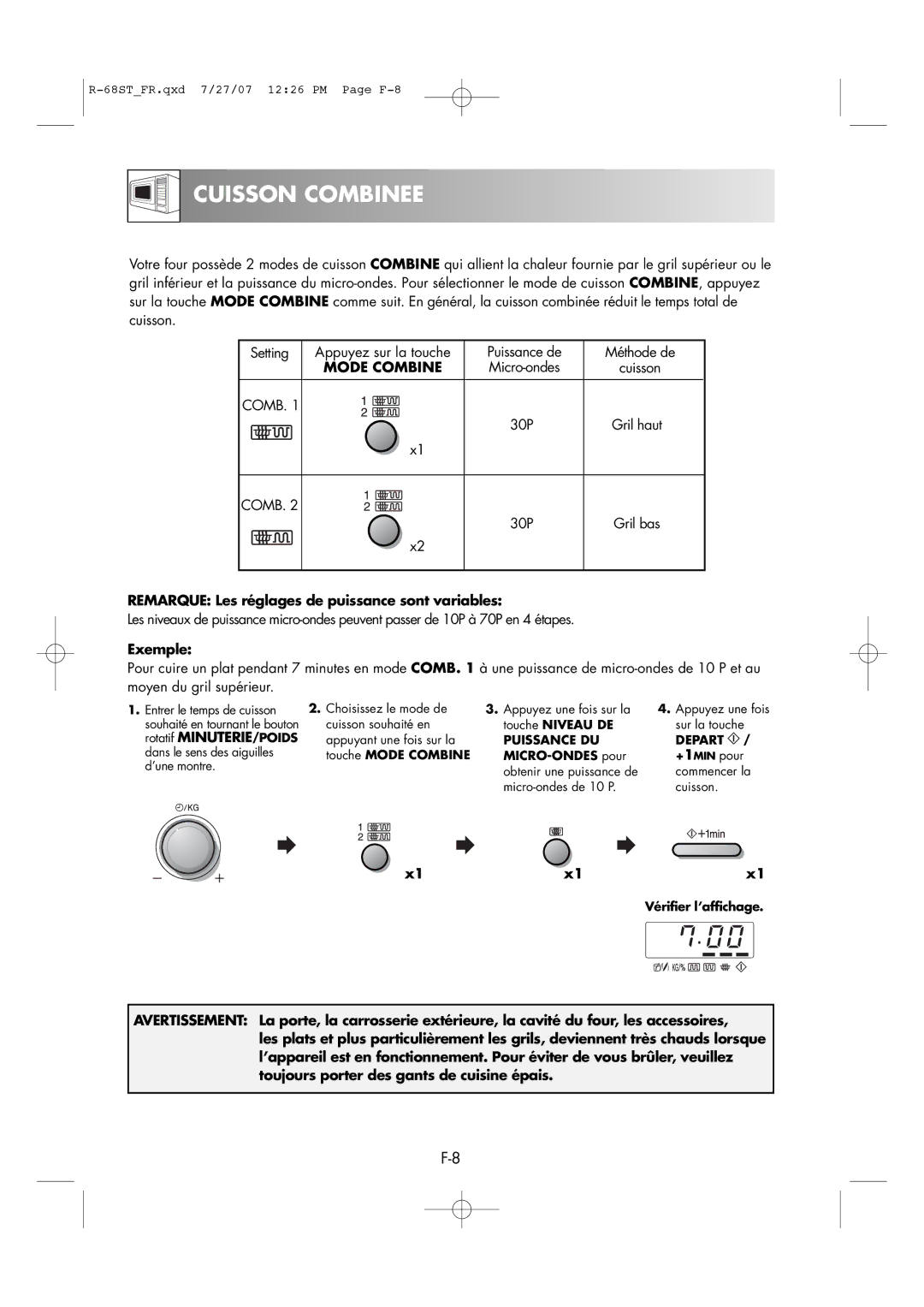 Sharp R-68ST manual Cuisson Combinee, Mode Combine, 30P Gril haut, 30P Gril bas 