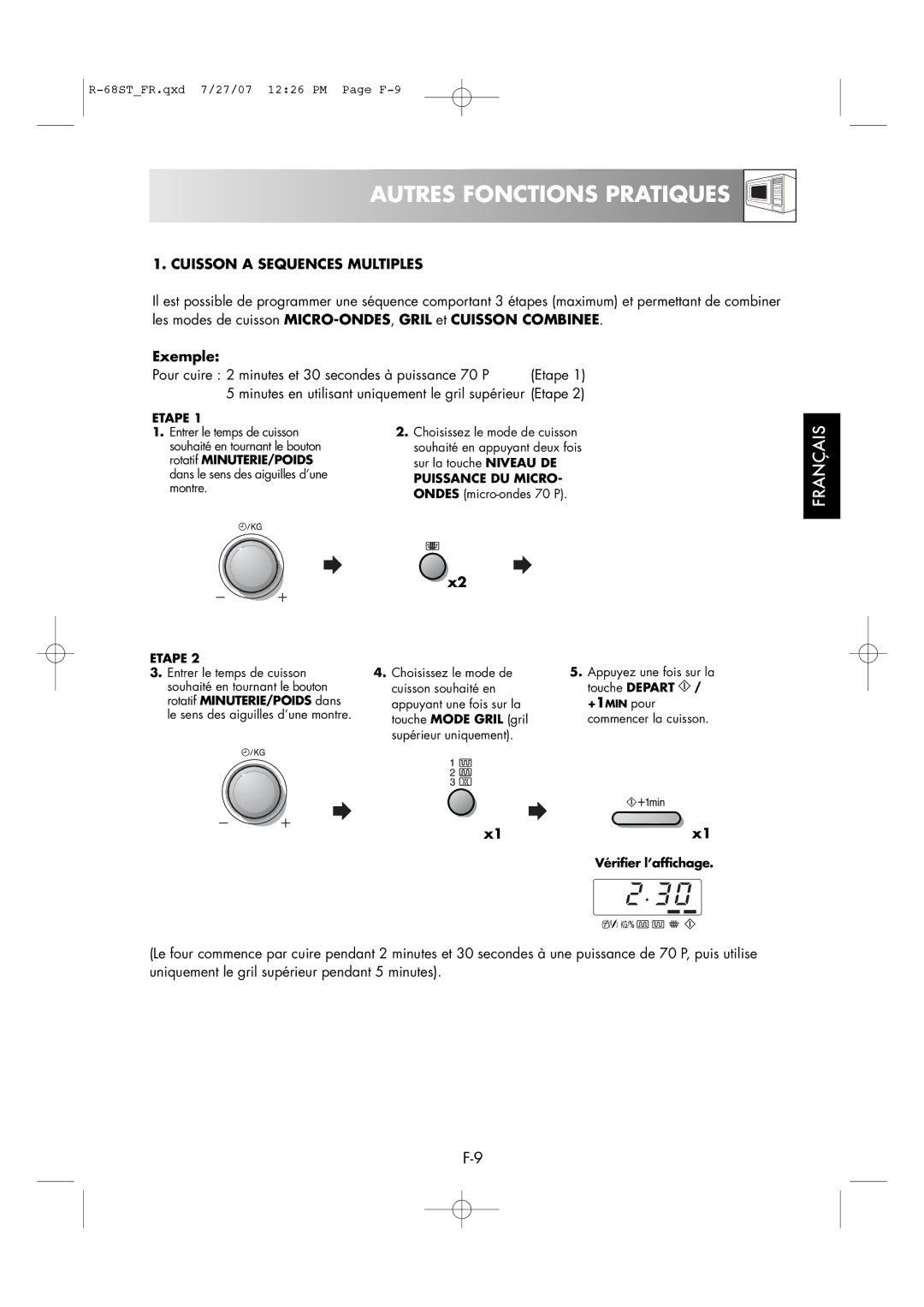 Sharp R-68ST Autres Fonctions Pratiques, Cuisson a Sequences Multiples, Etape, Rotatif MINUTERIE/POIDS, Puissance DU Micro 