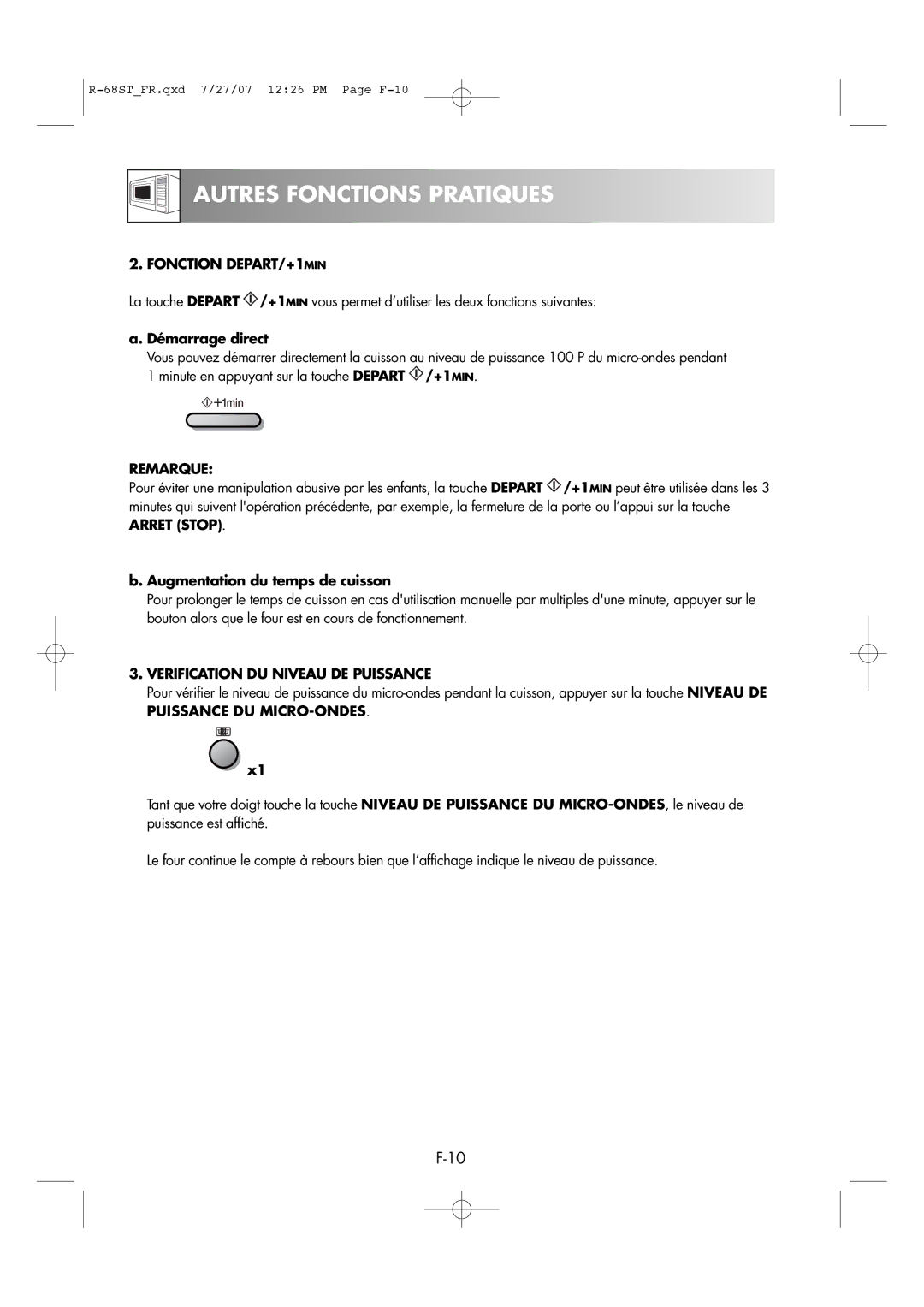 Sharp R-68ST manual Fonction DEPART/+1MIN, Démarrage direct, Augmentation du temps de cuisson 