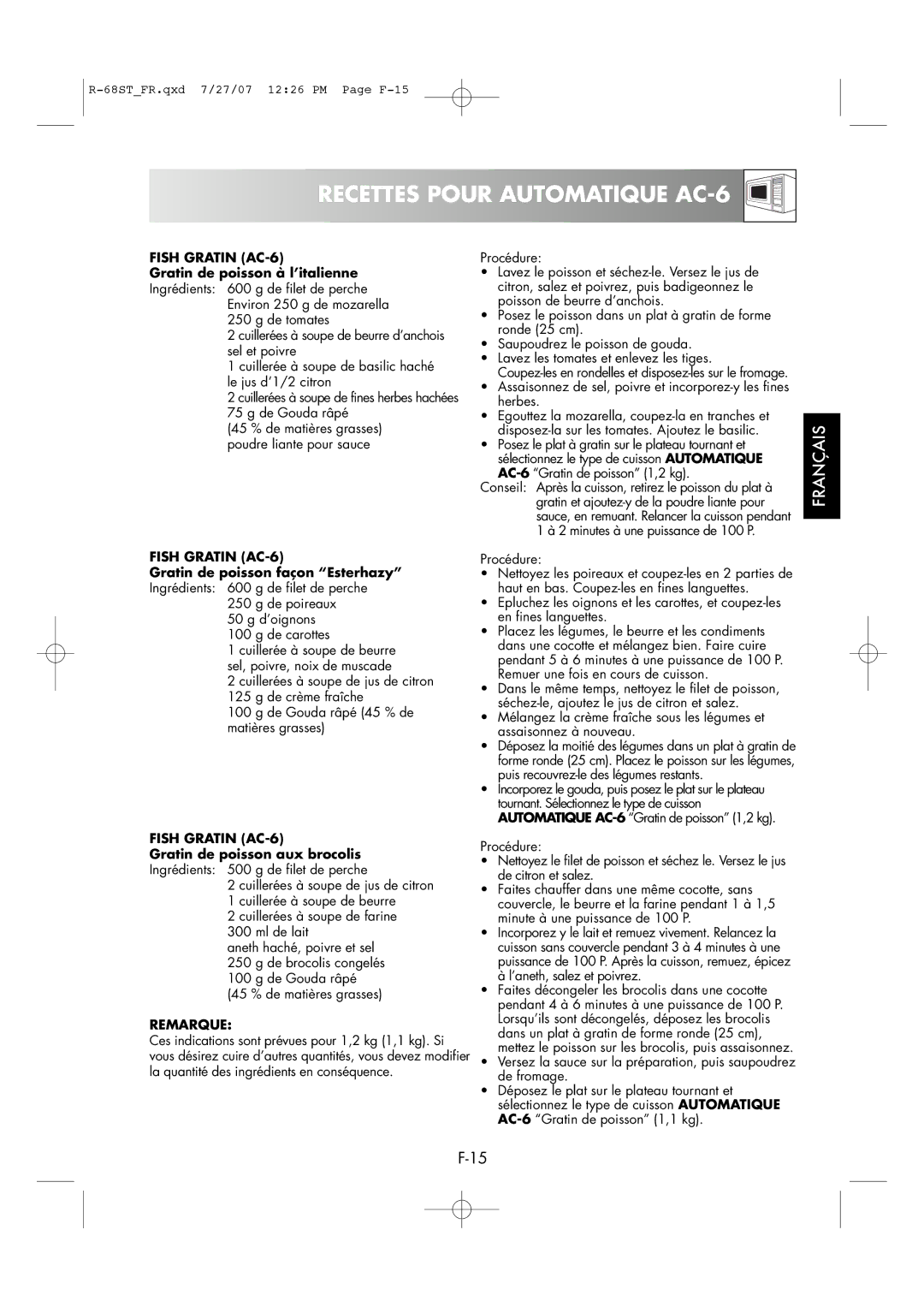 Sharp R-68ST manual Recettes Pour Automatique AC-6, Fish Gratin AC-6, Gratin de poisson façon Esterhazy, Remarque 