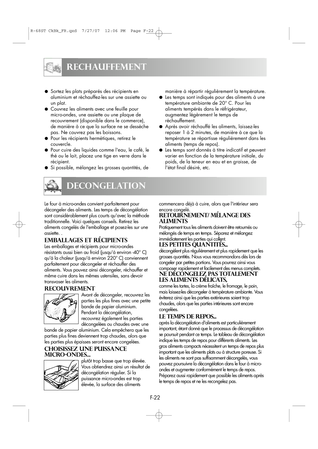 Sharp R-68ST manual Rechauffement, Decongelation 