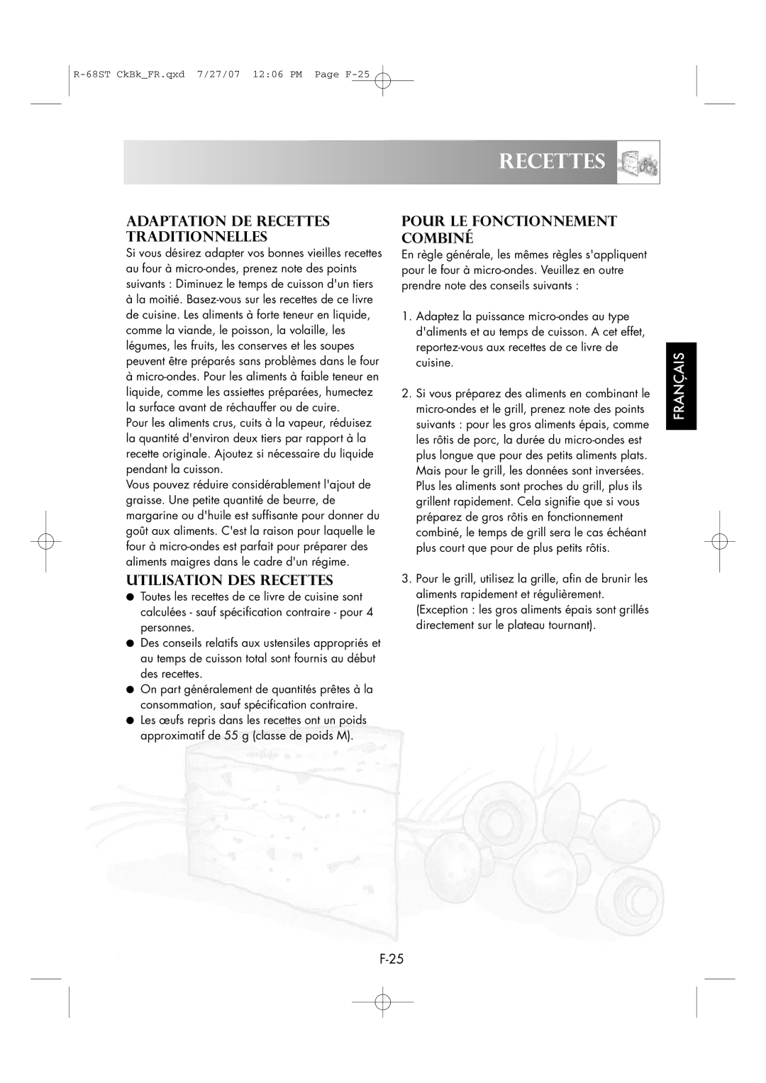 Sharp R-68ST manual Utilisation DES Recettes, Pour LE Fonctionnement Combiné 