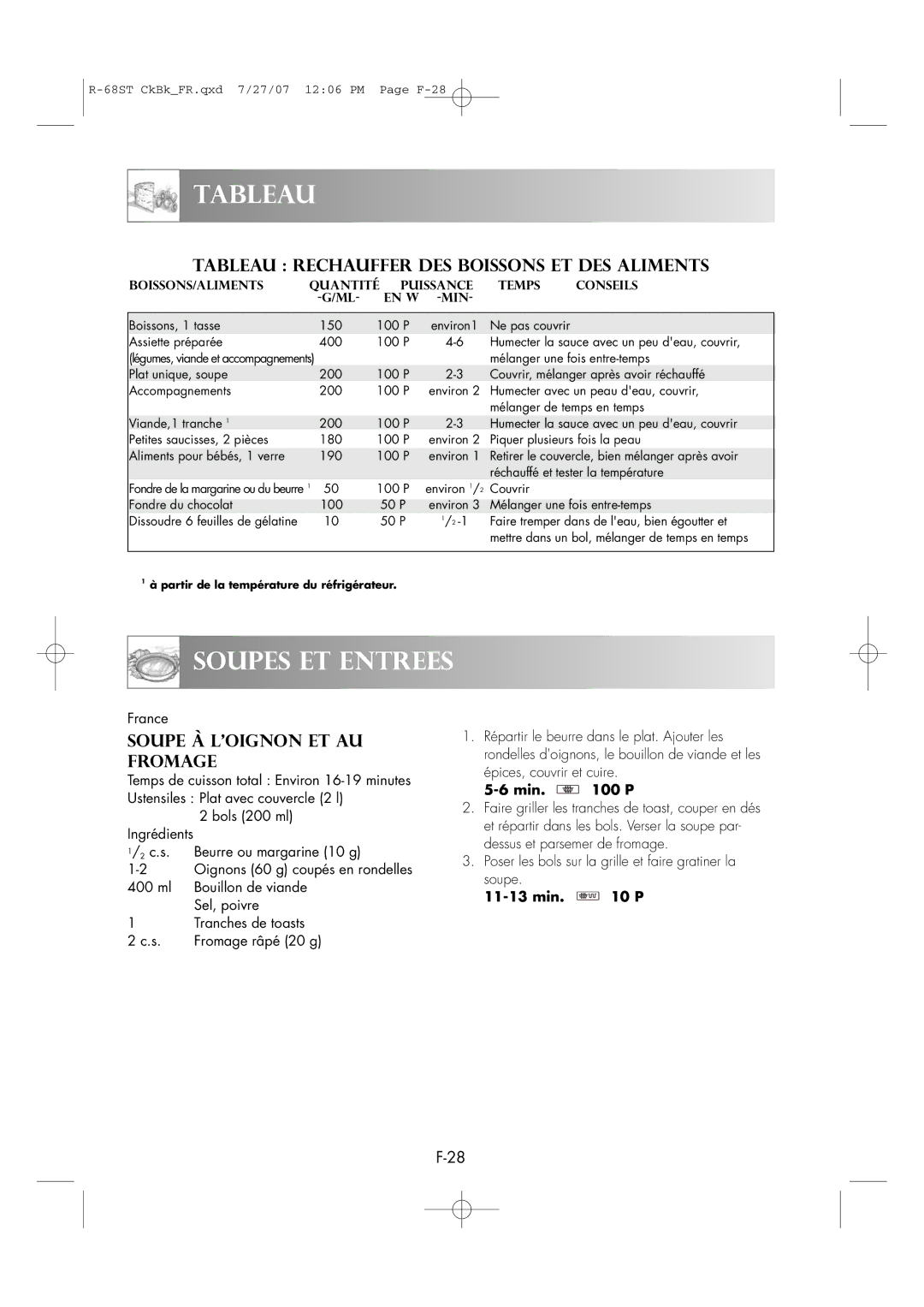 Sharp R-68ST manual Tableauwas Sind MIKROWELLEN?, Soupes ET Entrees, Tableau Rechauffer DES Boissons ET DES Aliments 