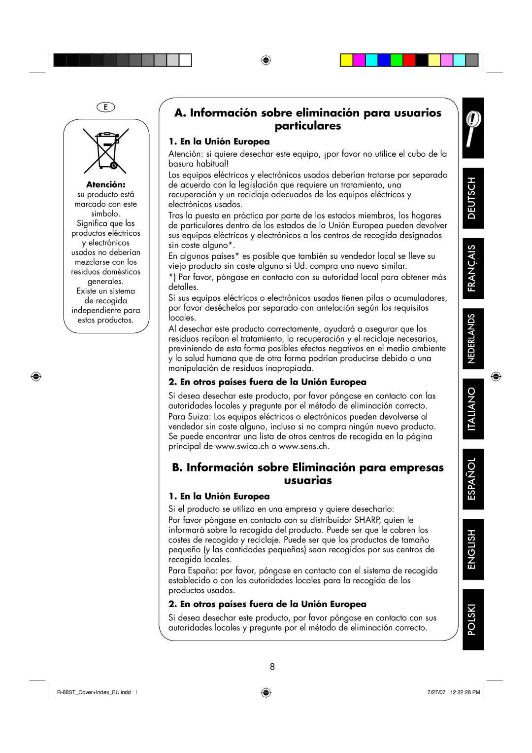 Sharp R-68ST manual Información sobre eliminación para usuarios Particulares, Atención 