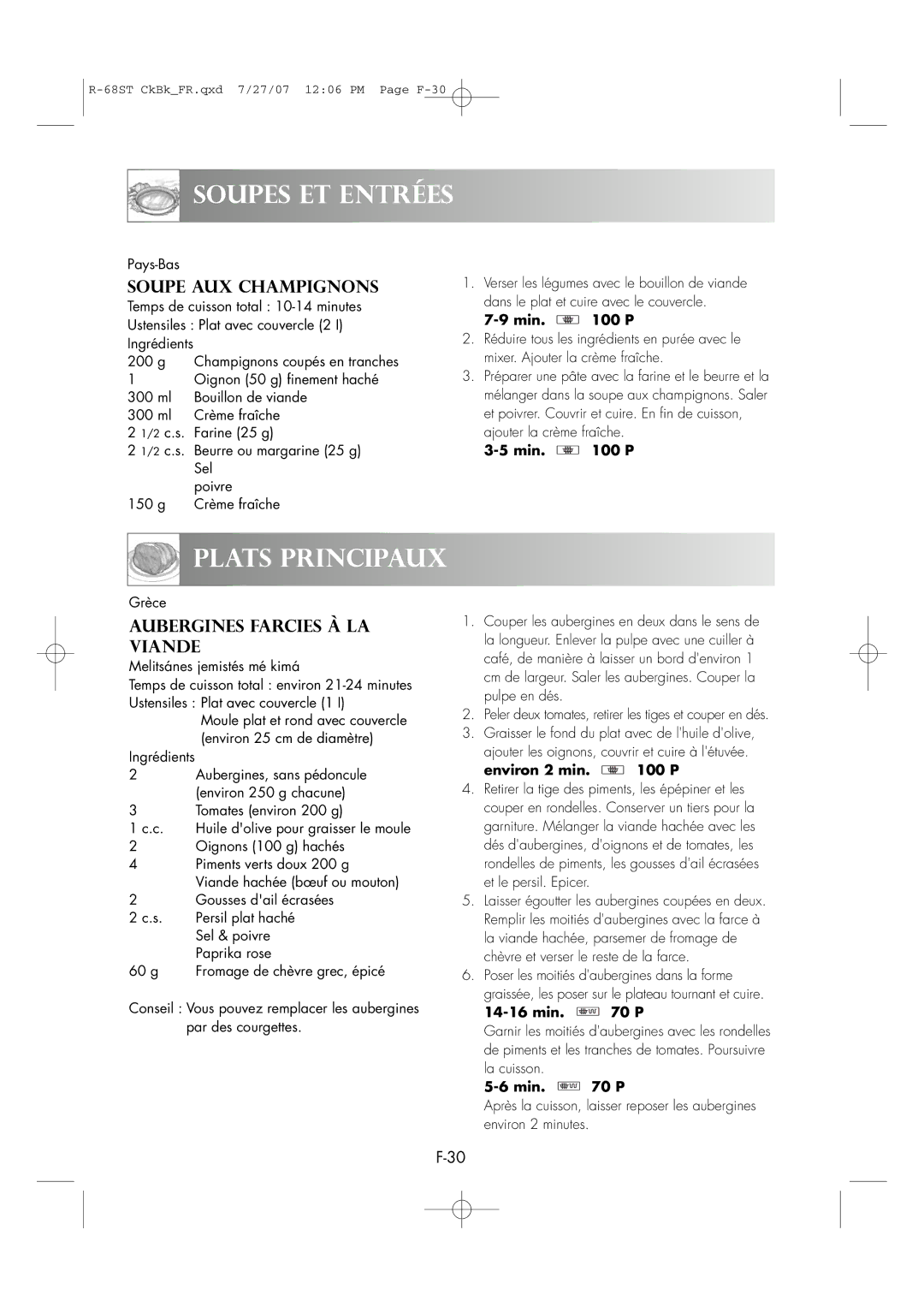 Sharp R-68ST manual Soupes ET Entrées, Plats Principaux, Aubergines Farcies À LA Viande, Environ 2 min P 