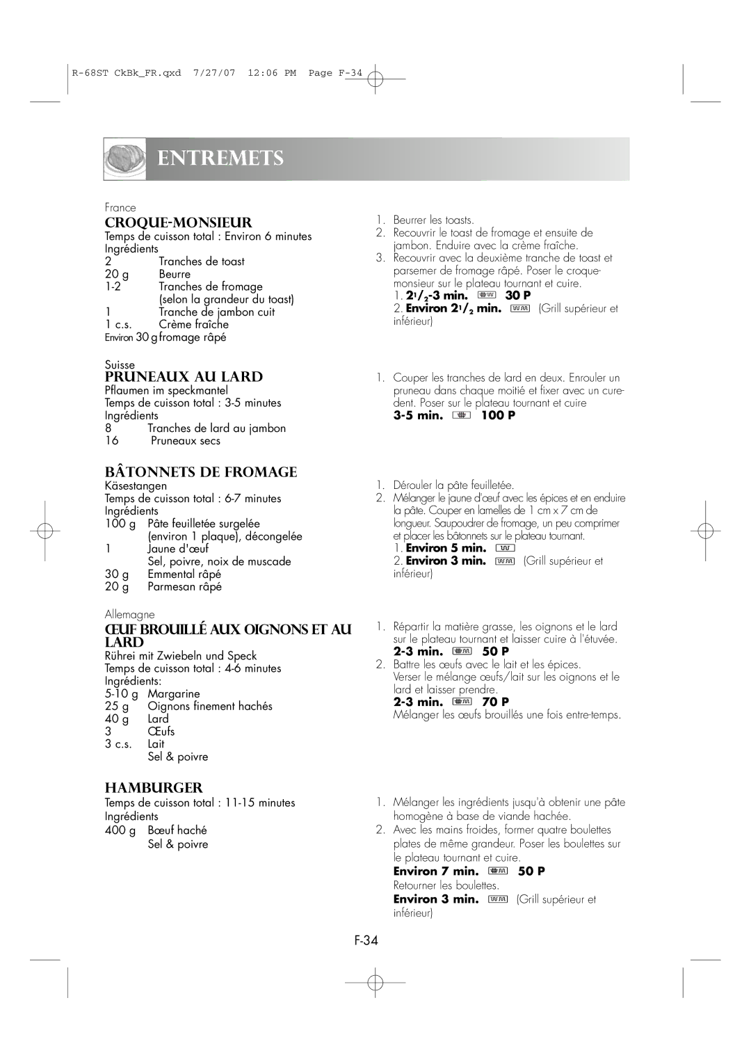 Sharp R-68ST manual Entremets, Croque-Monsieur, Bâtonnets DE Fromage, ŒUF Brouillé AUX Oignons ET AU Lard 
