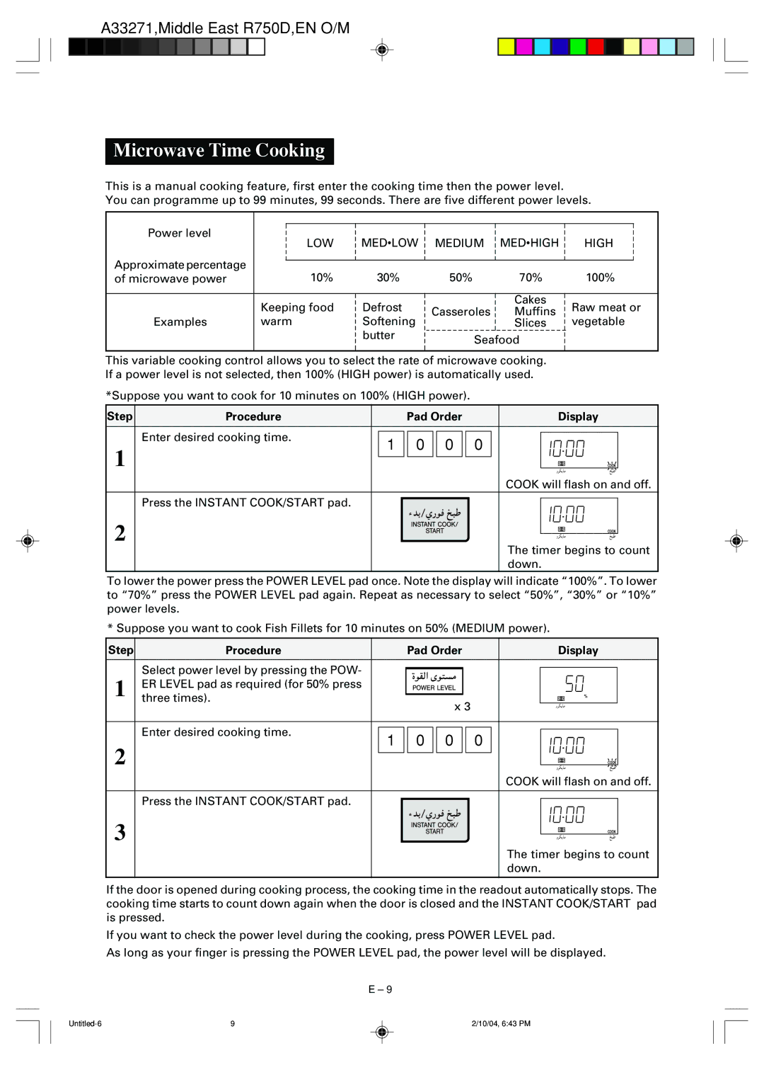 Sharp R-750D operation manual Microwave Time Cooking, Step Procedure Pad Order 