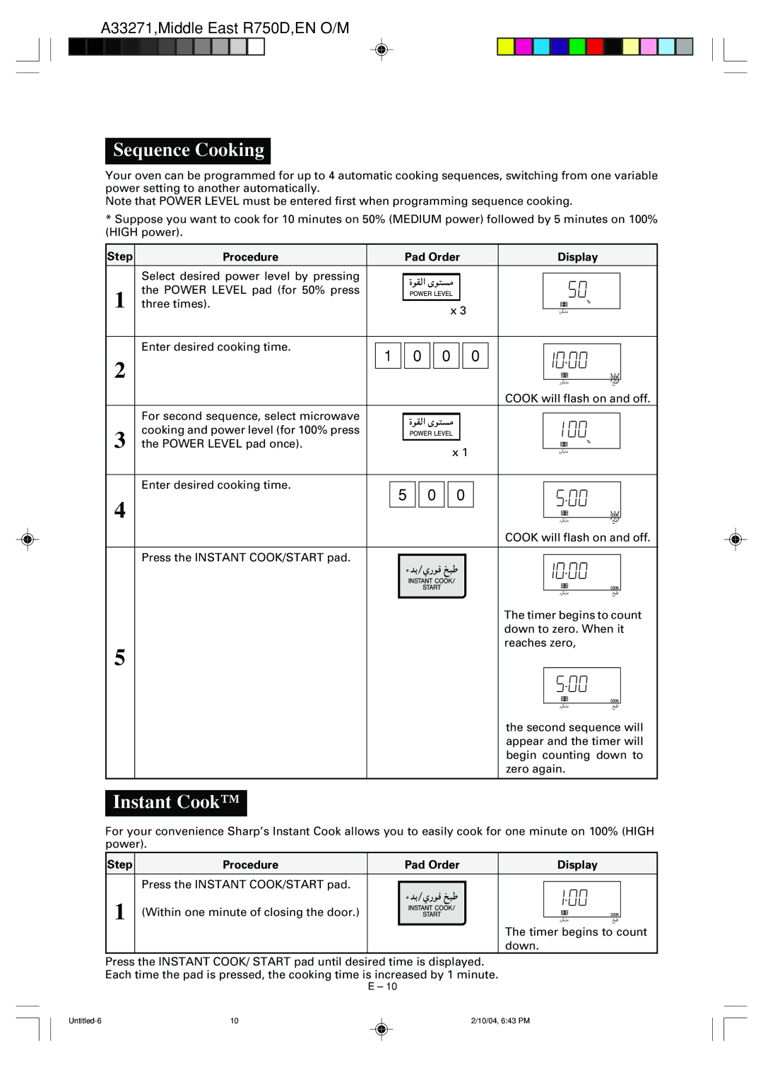 Sharp R-750D operation manual Sequence Cooking, Instant Cook 