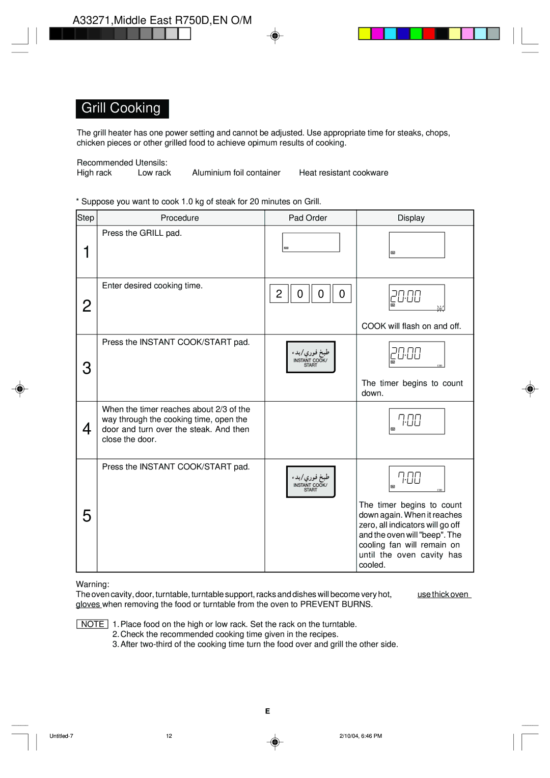 Sharp R-750D operation manual Grill Cooking 