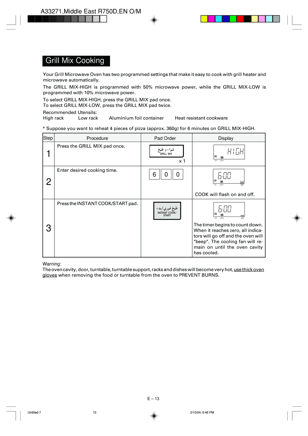 Sharp R-750D operation manual Grill Mix Cooking, Step Procedure Pad Order 