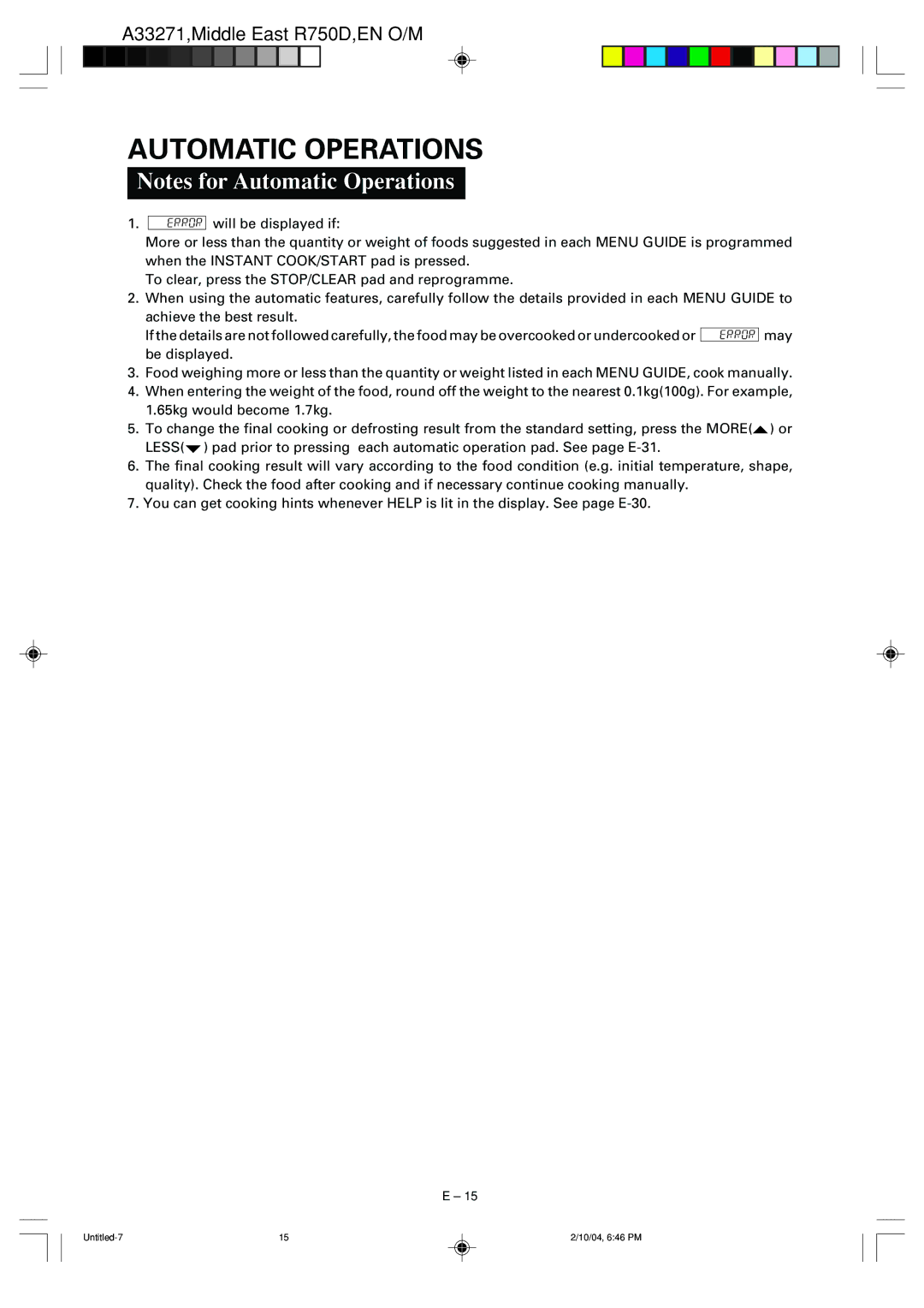 Sharp R-750D operation manual Automatic Operations 