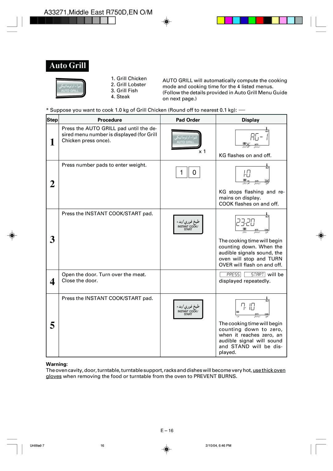 Sharp R-750D operation manual Auto Grill, Sired menu number is displayed for Grill Chicken press once 