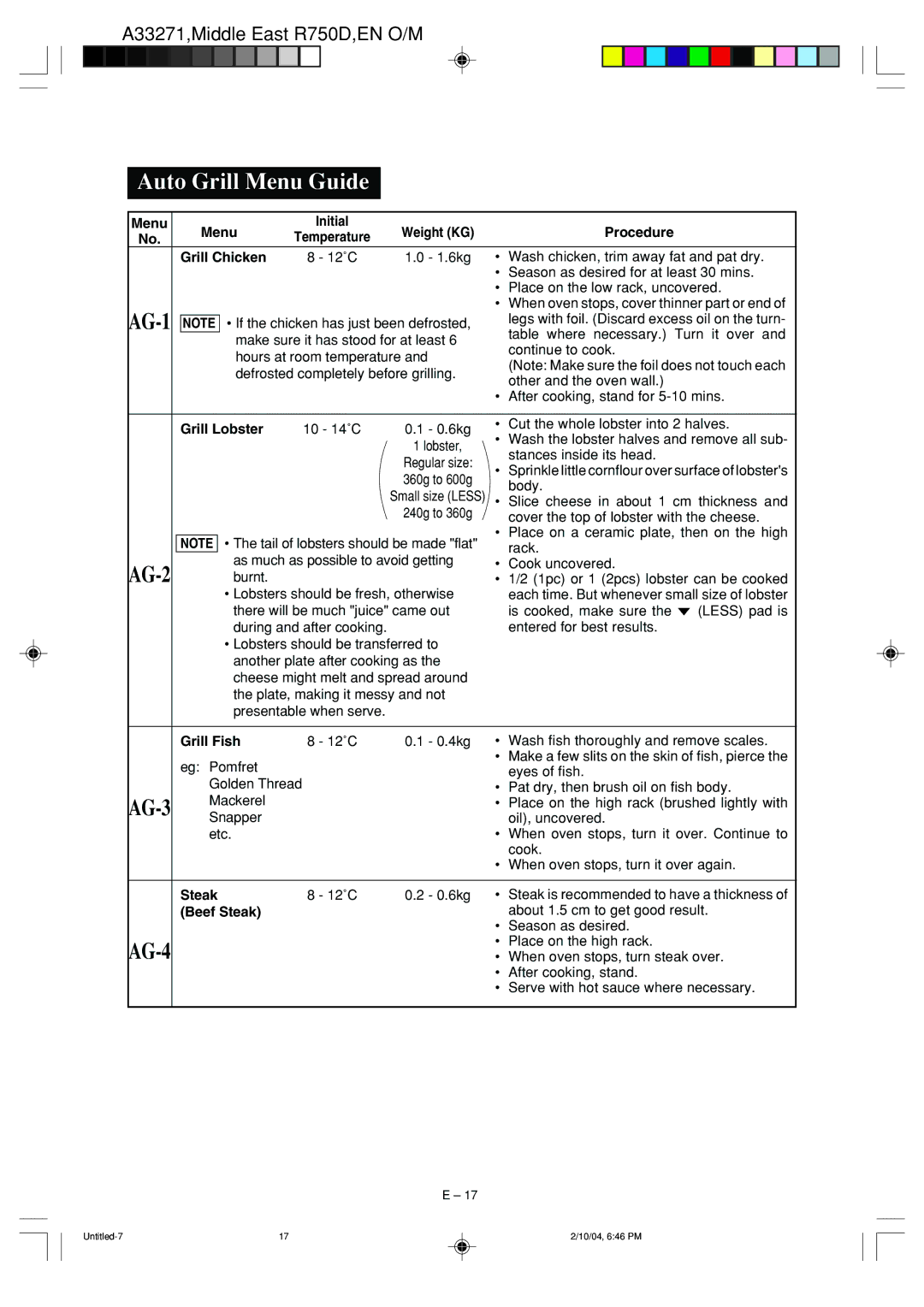 Sharp R-750D operation manual Auto Grill Menu Guide, AG-1, AG-2, AG-3, AG-4 