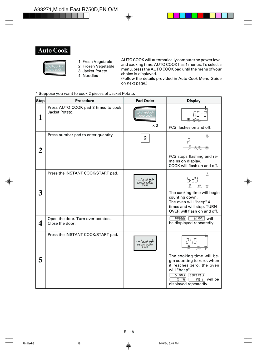 Sharp R-750D operation manual Auto Cook, Step Procedure Pad Order Display 