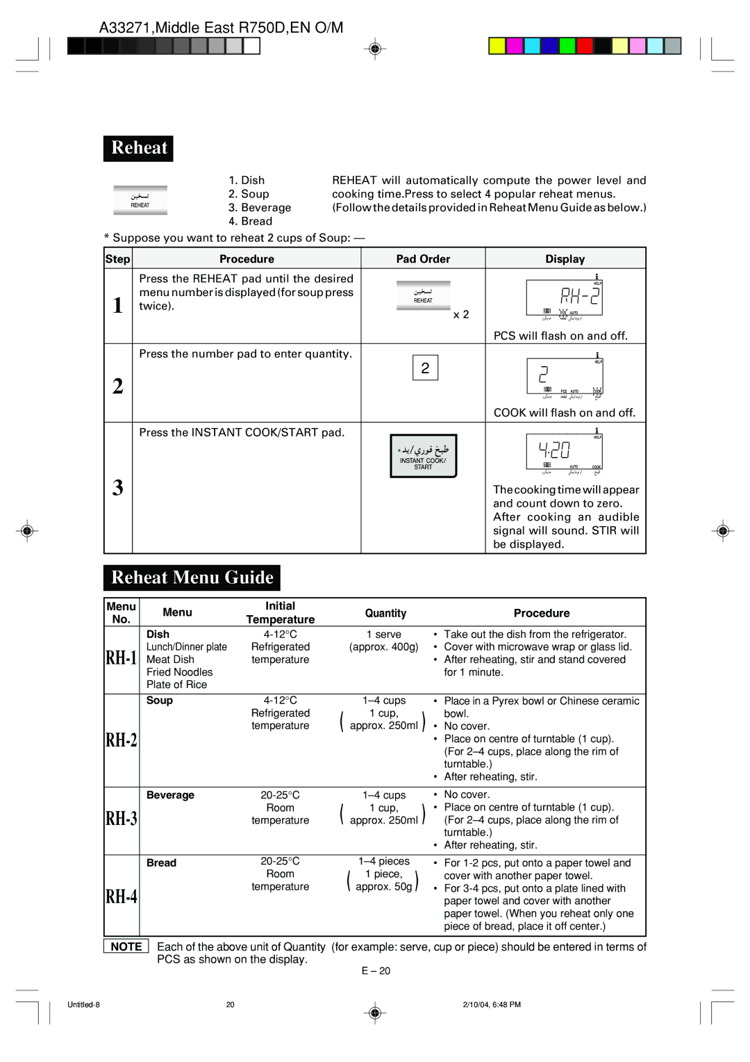 Sharp R-750D operation manual Reheat Menu Guide, Menu Initial Quantity Procedure 