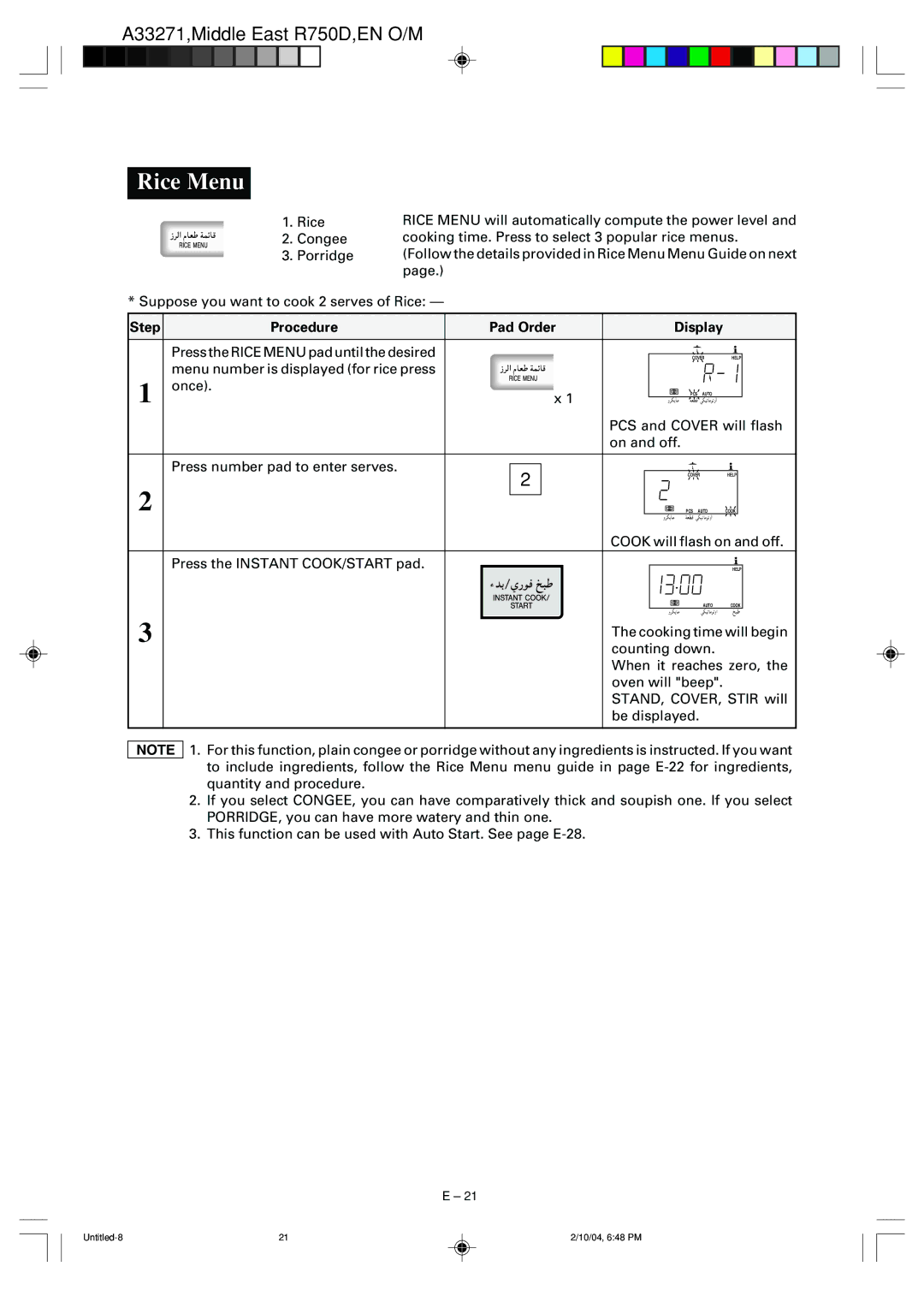 Sharp R-750D operation manual Rice Menu 