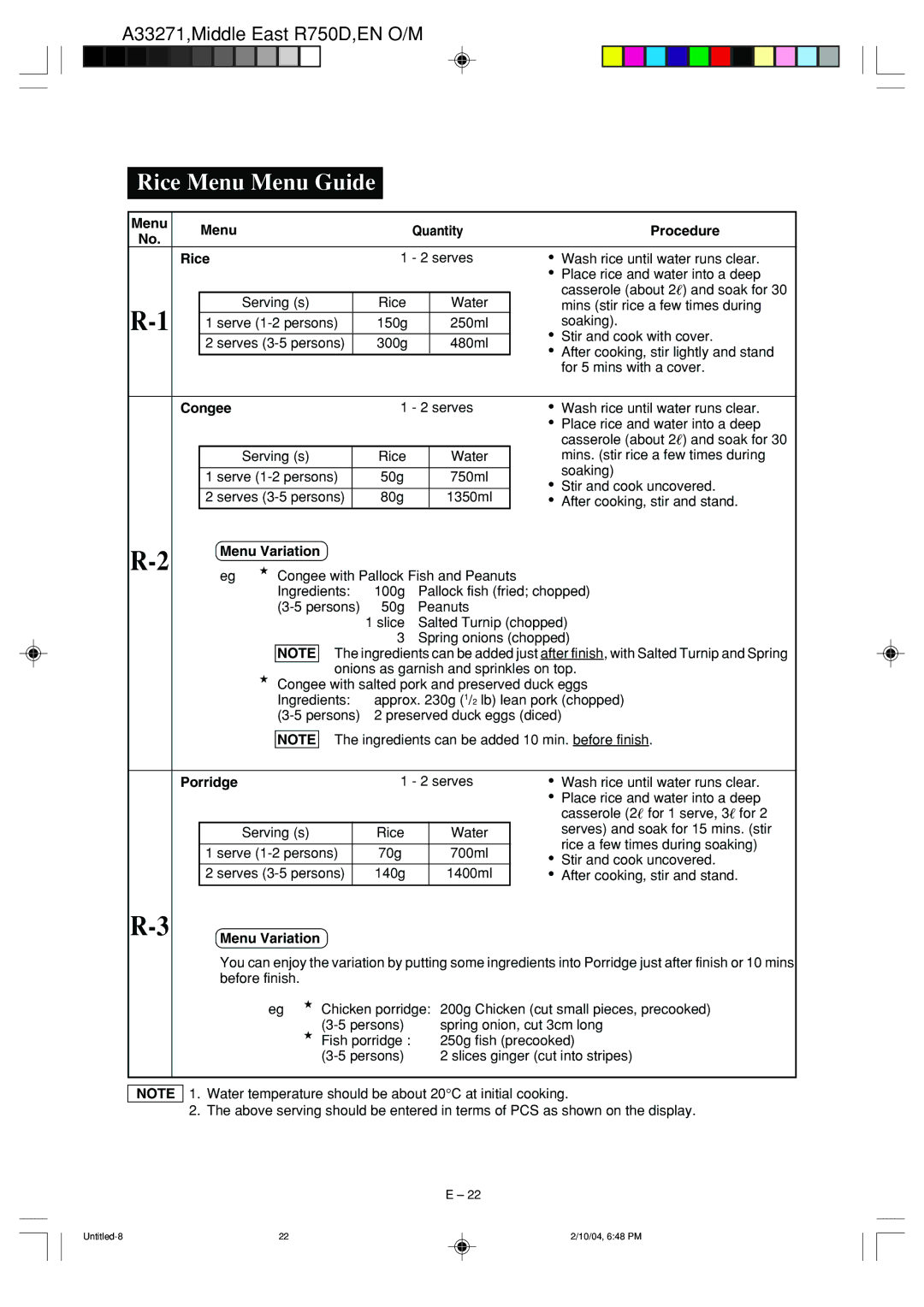 Sharp R-750D operation manual Rice Menu Menu Guide, Congee, Menu Variation, Porridge 