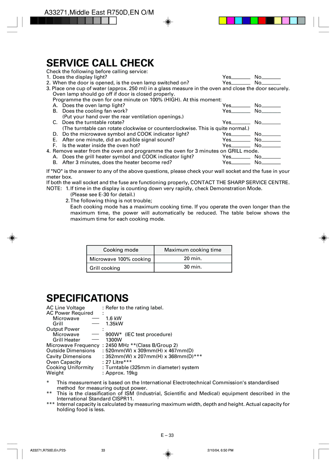 Sharp R-750D operation manual Service Call Check, Specifications 