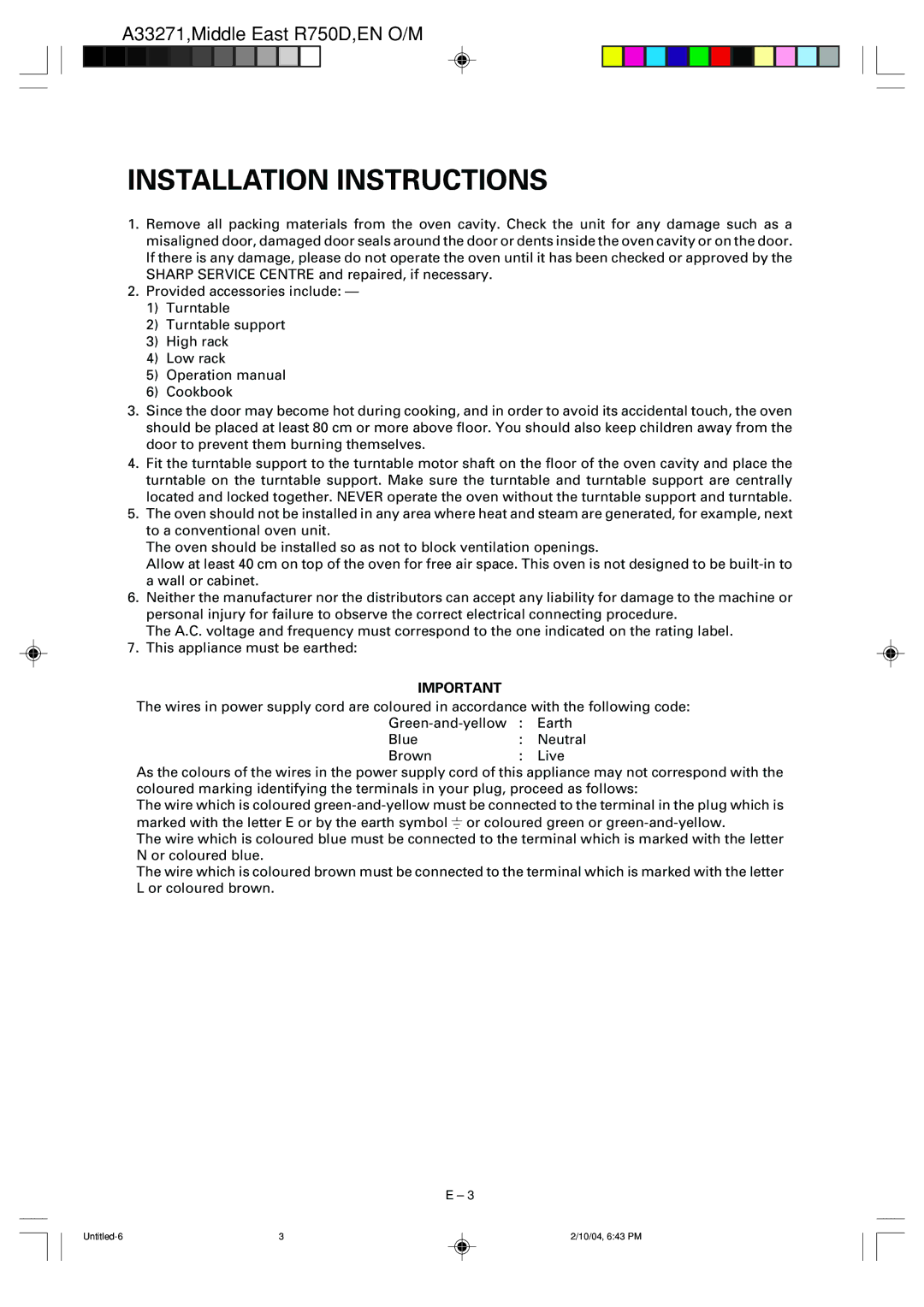 Sharp R-750D operation manual Installation Instructions 