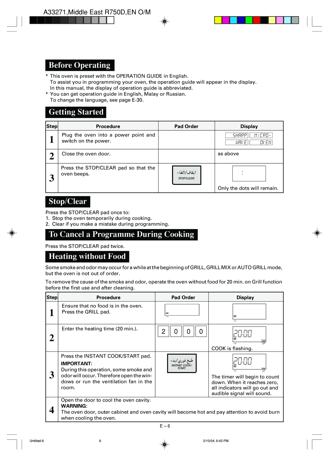 Sharp R-750D Before Operating, Getting Started, Stop/Clear, To Cancel a Programme During Cooking, Heating without Food 