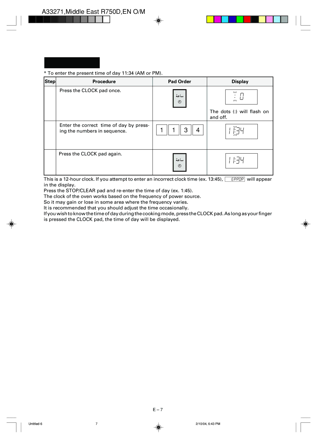 Sharp R-750D operation manual Clock Setting, Step Procedure Pad Order Display Press the Clock pad once 