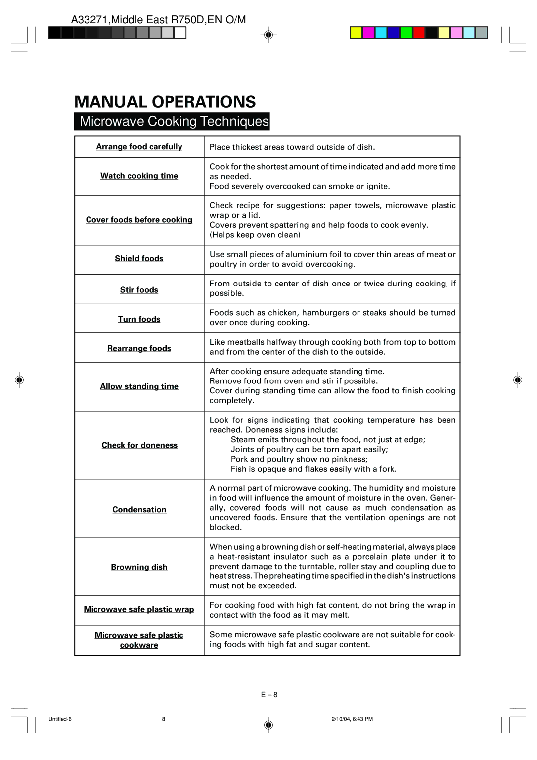 Sharp R-750D operation manual Manual Operations, Microwave Cooking Techniques 