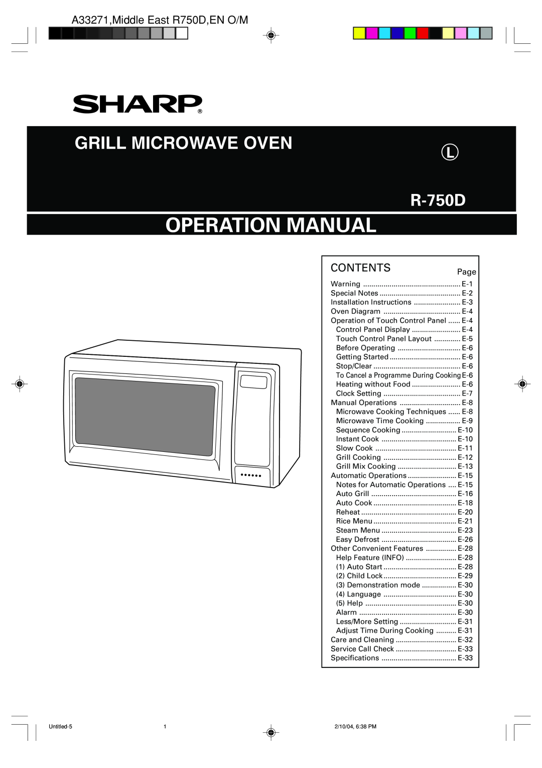 Sharp R-750D operation manual A33271,Middle East R750D,EN O/M, Grill Microwave Oven, Contents 