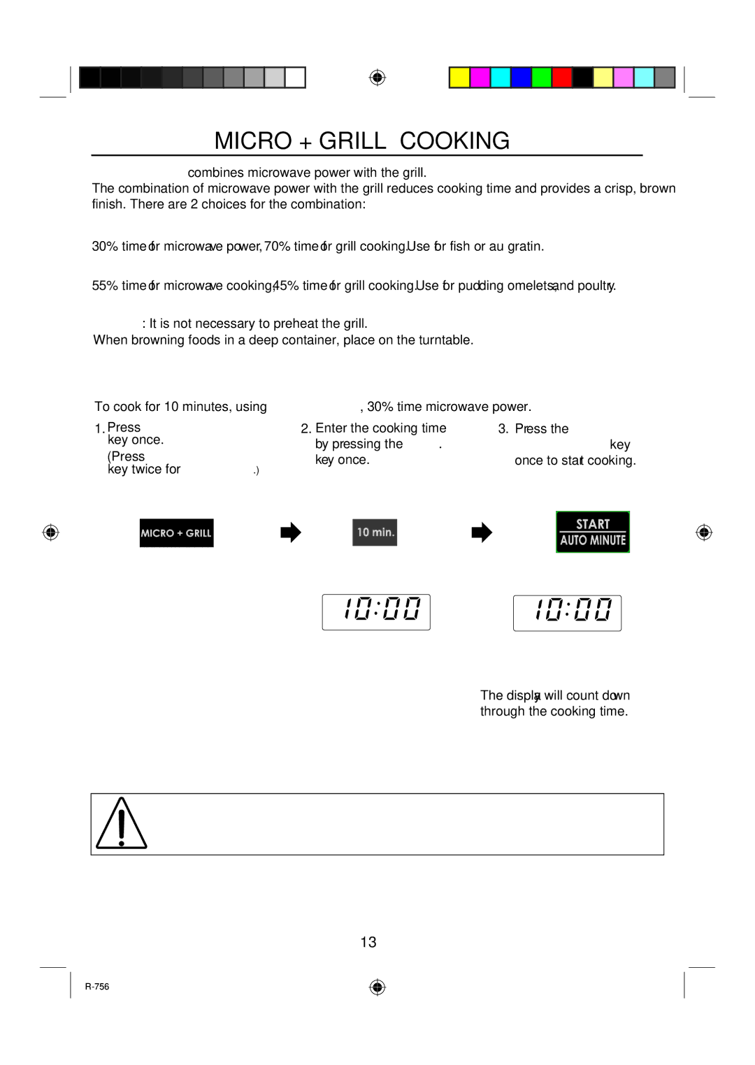 Sharp R-756 operation manual Micro + Grill Cooking, Combination, Press Micro + Grill key once 
