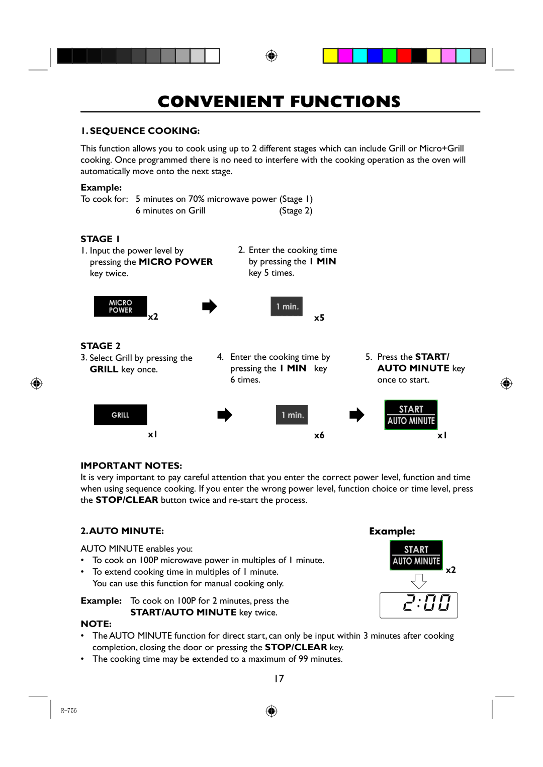 Sharp R-756 operation manual Convenient Functions, Sequence Cooking, Stage, Important Notes, Auto Minute 