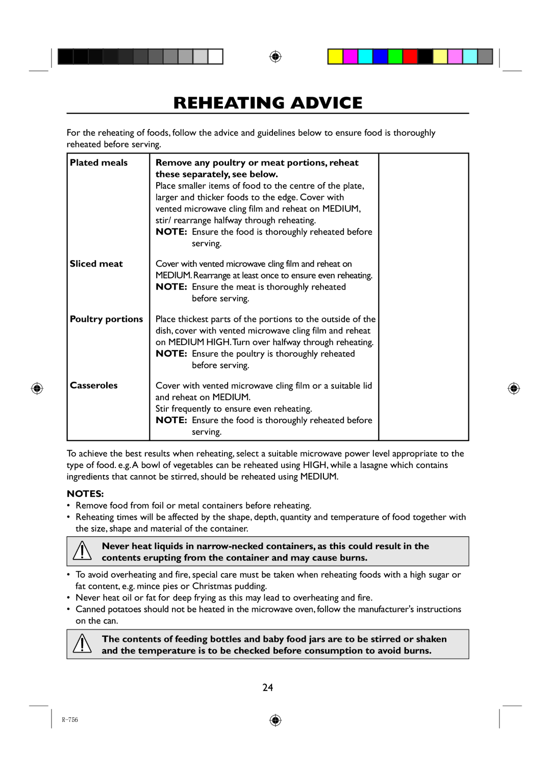 Sharp R-756 operation manual Reheating Advice, Sliced meat, Poultry portions, Casseroles 