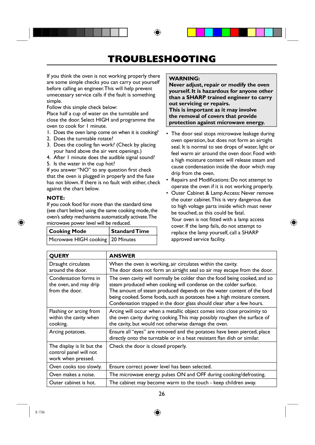 Sharp R-756 operation manual Troubleshooting, Cooking Mode Standard Time, Minutes, Query Answer 