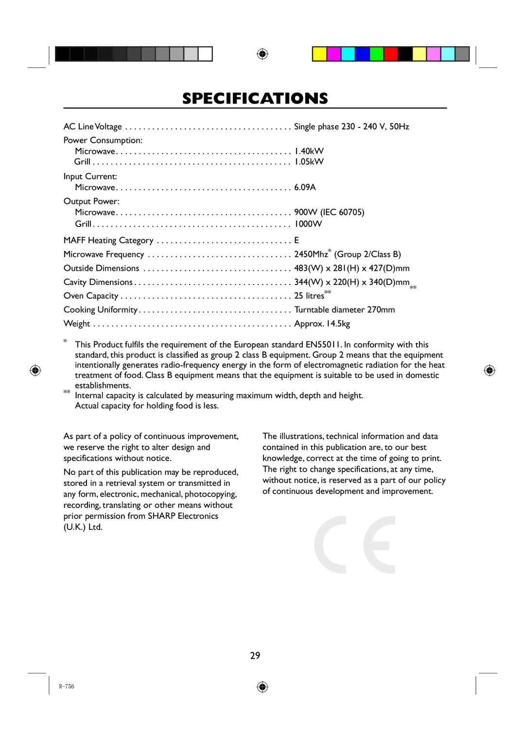 Sharp R-756 operation manual Specifications, Litres 