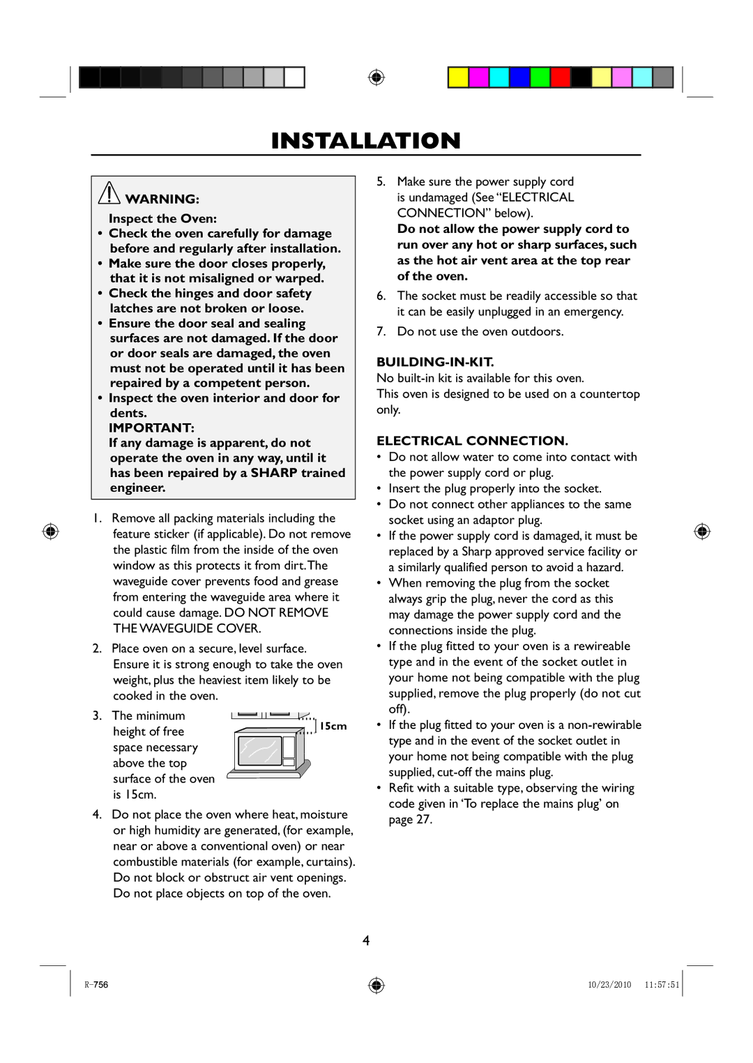 Sharp R-756 operation manual Installation, Building-In-Kit, Electrical Connection 