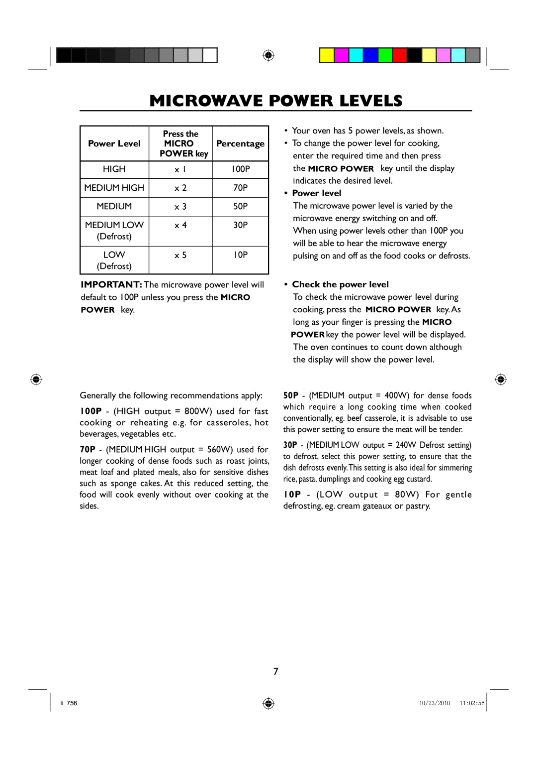 Sharp R-756 operation manual Microwave Power Levels 