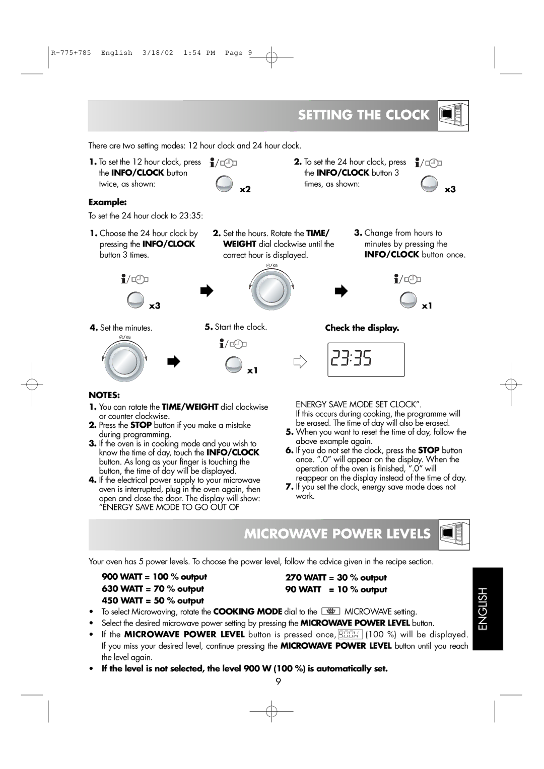 Sharp R-785, R-775 Setting the Clock, Microwave Power Levels, Set the minutes Start the clock Check the display 