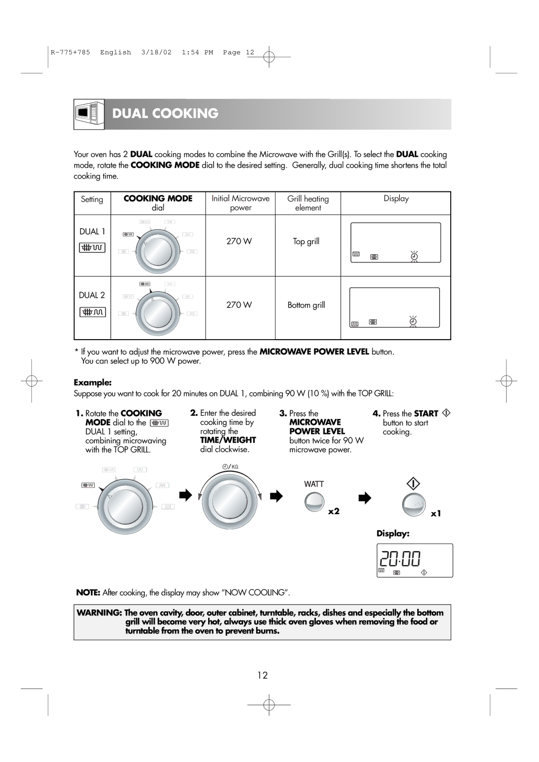 Sharp R-775, R-785 operation manual Dual Cooking, Power Level, Time/Weight 